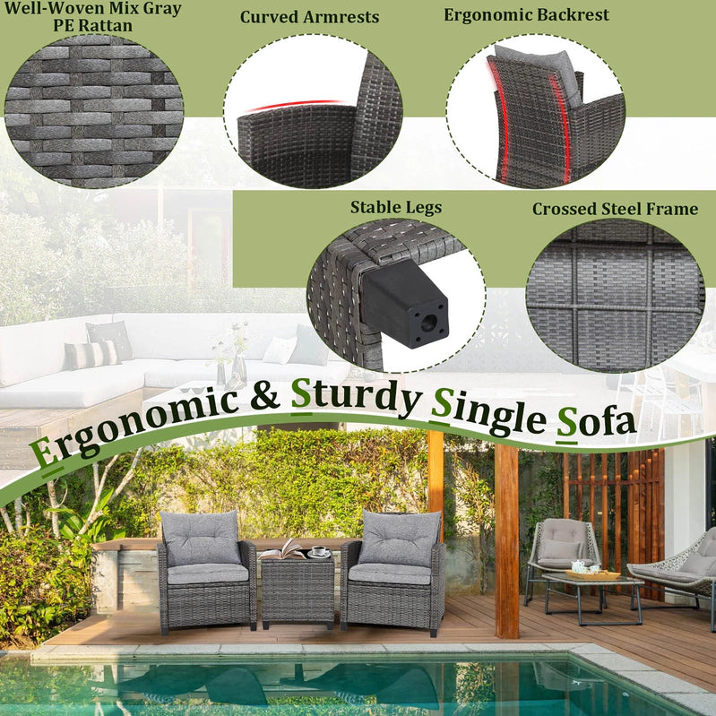 Gymax 3PCS Patio Rattan Sofa Set Outdoor Wicker Conversation Set Glass Tabletop w/Grey Cushion