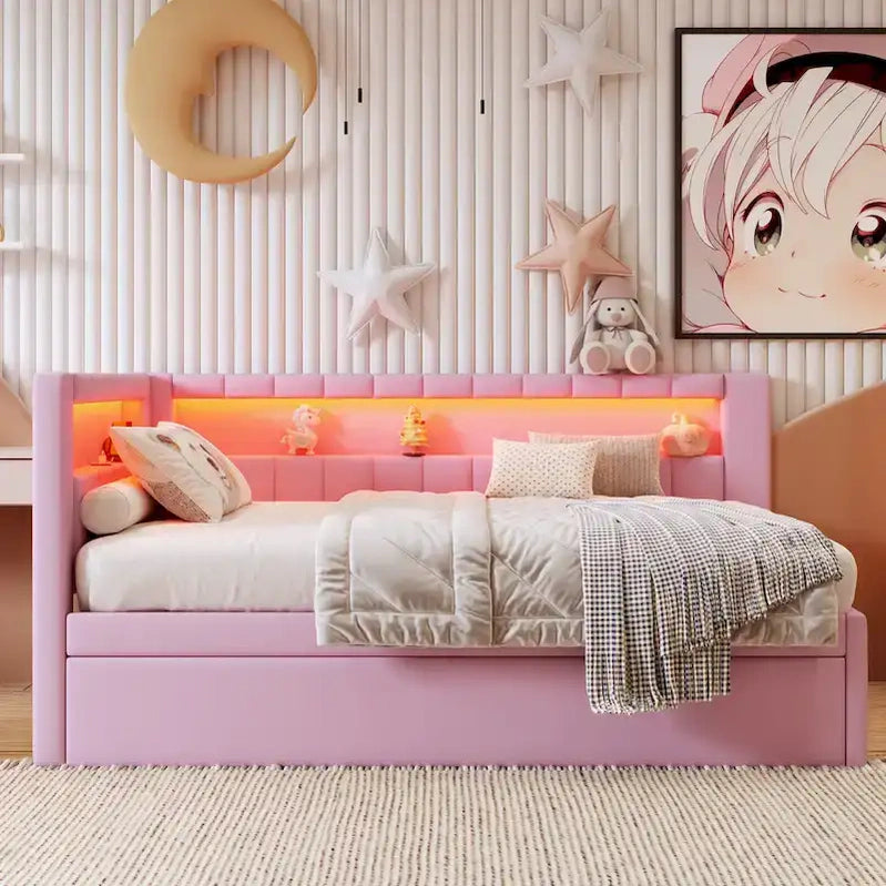 Upholstered Platform Bed With USB Ports And LED Lighting, Full/Twin Size Bed Frame With 2 Storage Drawers, Modern Bedroom