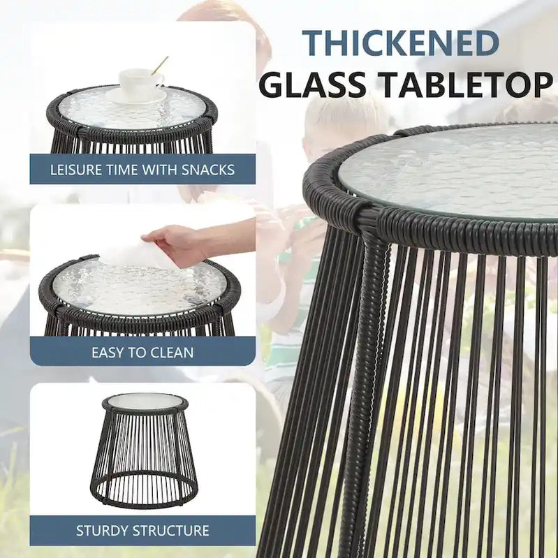 3-Piece Patio Conversation Bistro Set, Outdoor Rattan Furniture Set With Glass Table And 2 Wide Armchairs, Seat Cushions