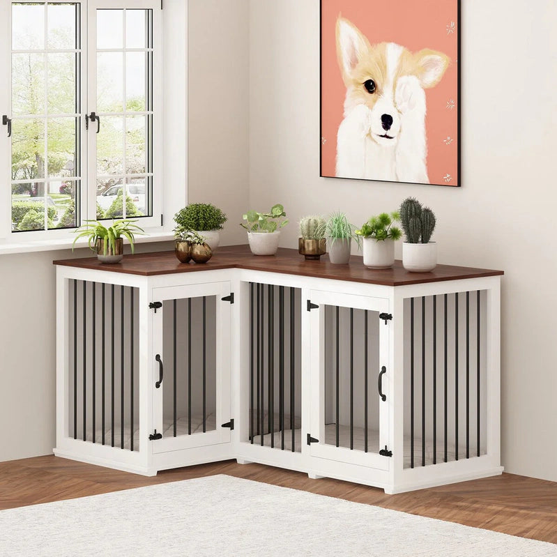 Large Corner Dog Crate Furniture For 2 Dogs, L Shape Dog Crate Cage, 58.7X41.1