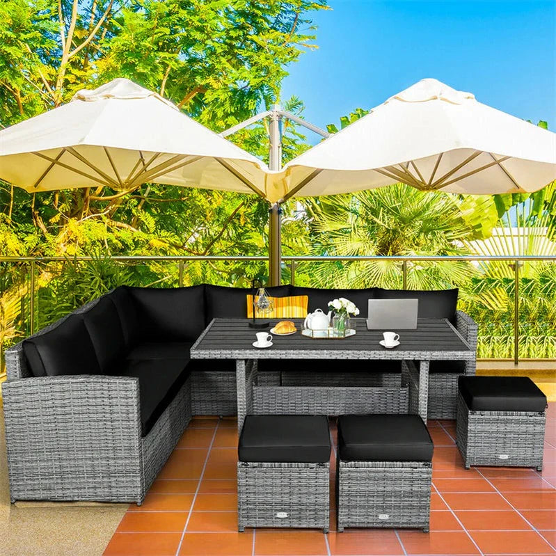 7 Pcs Rattan Patio Dining Furniture Sectional Sofa Set With Dining Table, Ottomans And Cushions