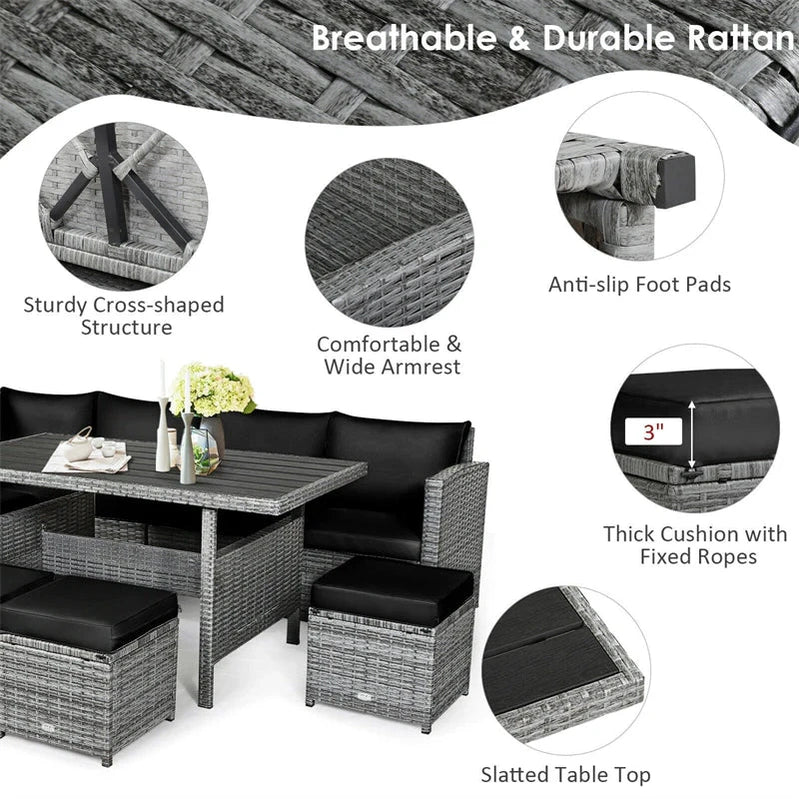 7 Pcs Rattan Patio Dining Furniture Sectional Sofa Set With Dining Table, Ottomans And Cushions