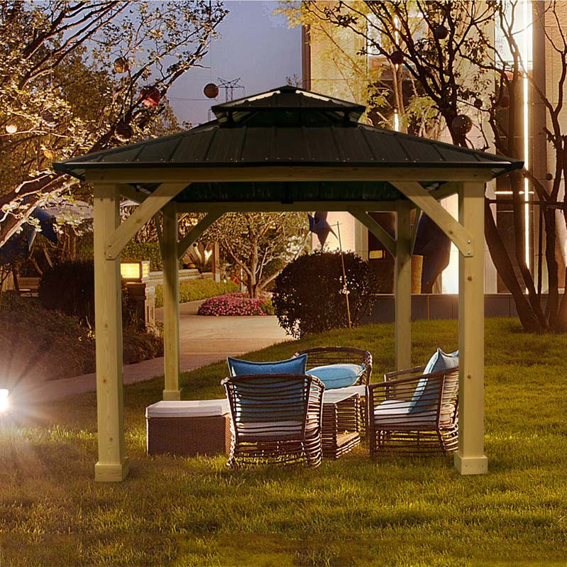 10 x 10 Ft. Outdoor Patio Hardtop Gazebo With Wood Frame And 2-Tier Metal Roof, All-Weather Gazebo Pergolas Shelter