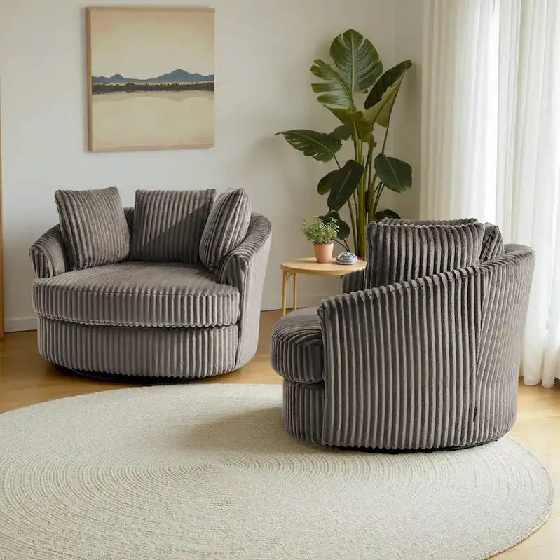 2 Set Oversized 43 W Plush Corduroy Swivel Barrel Chair With Pillows
