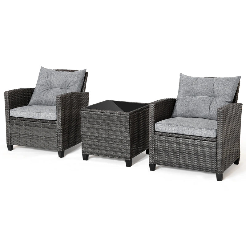 Gymax 3PCS Patio Rattan Sofa Set Outdoor Wicker Conversation Set Glass Tabletop w/Grey Cushion