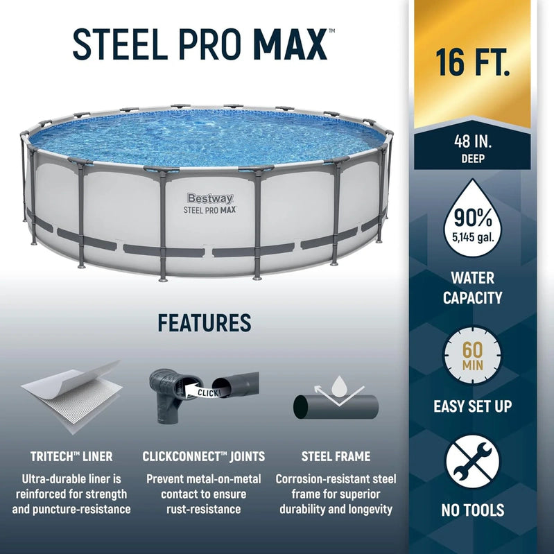 Steel Pro MAX 14 Ft. x 48 In. Round Metal Frame Above Ground Outdoor Swimming Pool Set With 1,000 Filter Pump, Ladder, And Cover, Gray