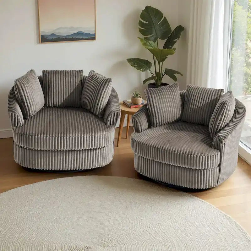 2 Set Oversized 43 W Plush Corduroy Swivel Barrel Chair With Pillows