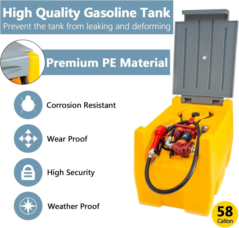 TECSPACE 58 Gallon Gasoline Tank, Portable Fuel Tank With 12V Electric Fuel Transfer Pump