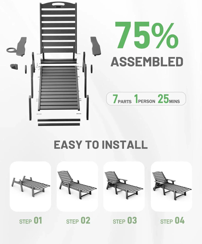 Lounge Chair Outdoor, Chaise Lounge, HDPE 6-Position Outdoor Chaise Lounge