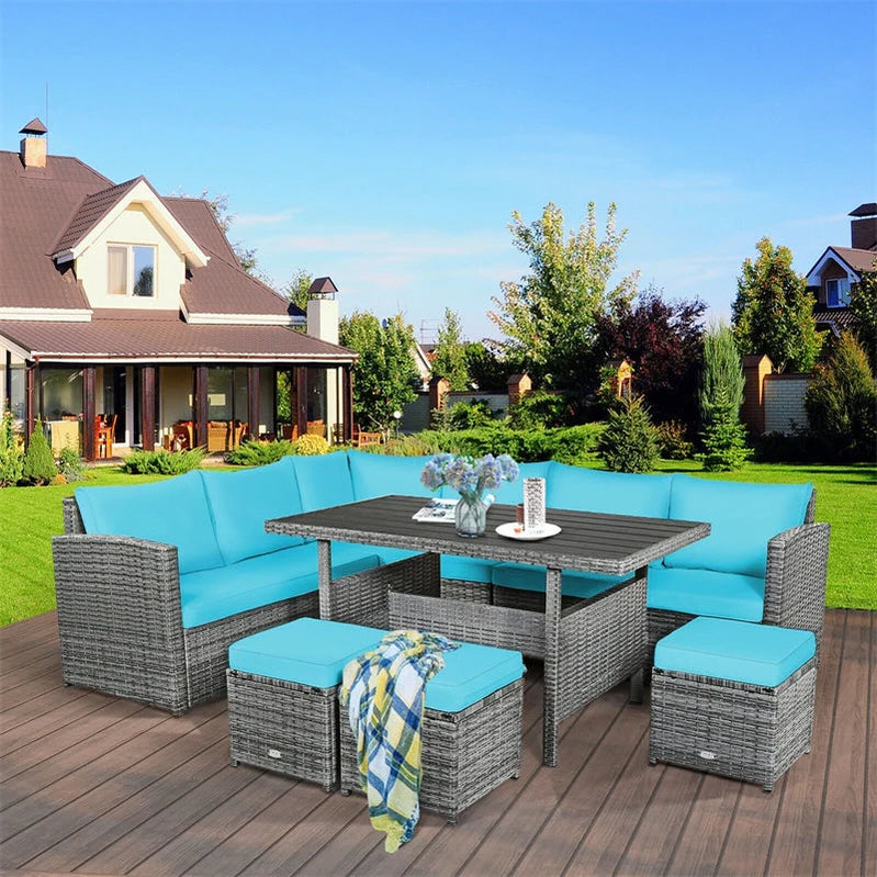 7 Pcs Rattan Patio Dining Furniture Sectional Sofa Set With Dining Table, Ottomans And Cushions