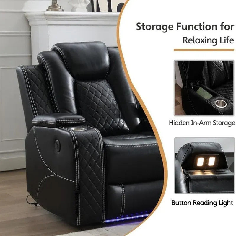 Power Reclining Sofa With Wireless Charger, Reading Light For Living Room, Faux Leather LED Light, AC/USB Port, Cup Holder, Black