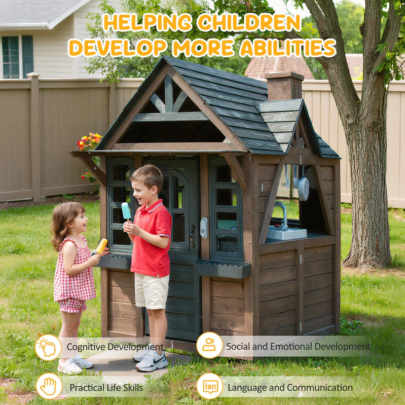 Coclub Outdoor Playhouse For Kids Ages 4-8, Wooden Play House With Doorbell, Phone, Kitchen Toys, Outdoor Kids Play Equipment, Casa Para Ni As