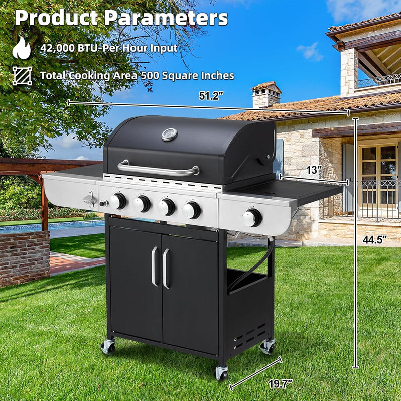 Upgraded 4 Burner Bbq Propane Gas Grill With Cast Iron Grates And Side Stove, 44,000 BTU Stainless Steel Burner Barbecue Grill For Patio