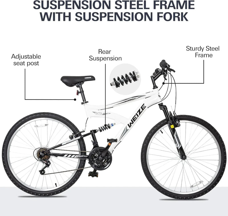 Weize Mountain Bike 26 27.5 In. Outdoor Hybrid Bikes 18-Speed High-Carbon Steel Full Suspension