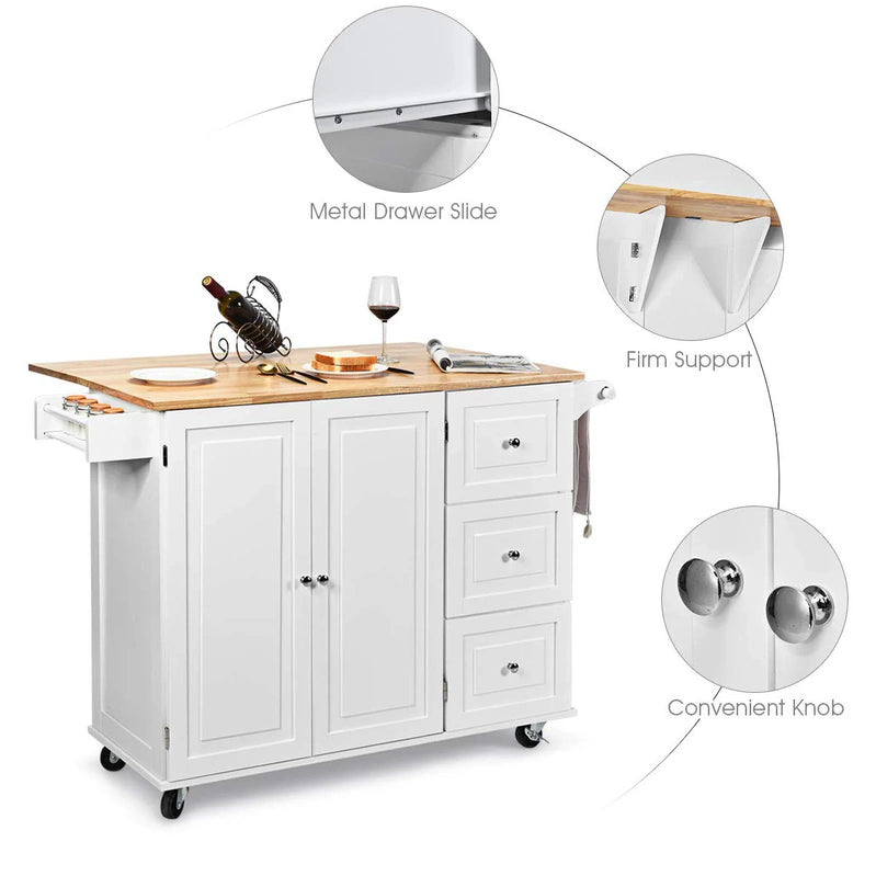 Giantex Kitchen Island Cart, Large Trolley Cart w/Drop-Leaf Tabletop, Large Cabinet, 3 Drawers, Spice Rack, Towel Rack