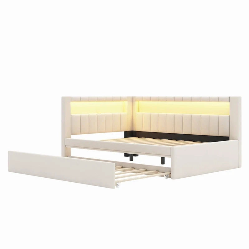 Upholstered Platform Bed With USB Ports And LED Lighting, Full/Twin Size Bed Frame With 2 Storage Drawers, Modern Bedroom