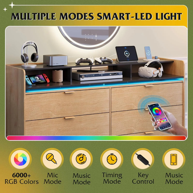 9 Drawer LED Dresser For Bedroom, 58.35 In. Wide Wood Dresser Storage Organizer With Power Outlets For 65 In. TV, Dressers With Open Shelves