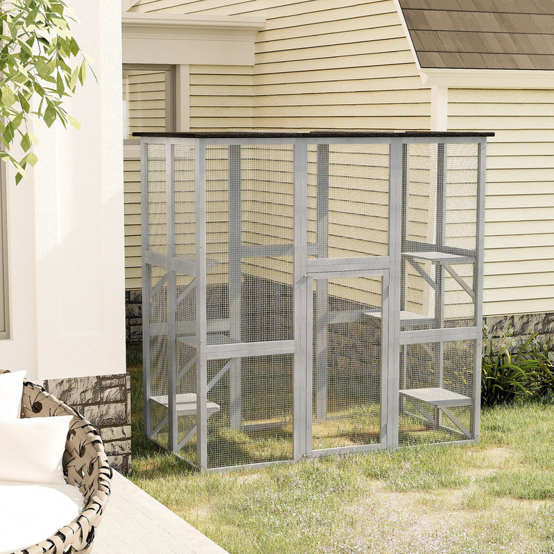 PawHut Wooden Catio Enclosure With Weather Protection, 6 Platforms, Outdoor, Large, 71 In. x 38.5 In. x 71 In
