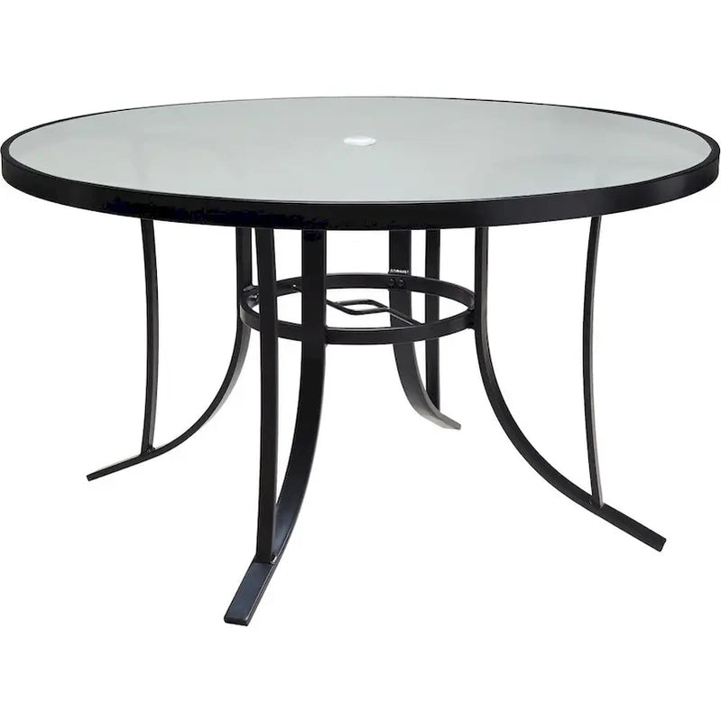 Hanover Lavallette 5-Piece Dining Set In Ocean Blue With 4 Stationary Chairs, 52-In. Round Glass-Top Table, Umbrella, And Base