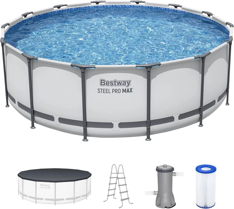 Steel Pro MAX 14 Ft. x 48 In. Round Metal Frame Above Ground Outdoor Swimming Pool Set With 1,000 Filter Pump, Ladder, And Cover, Gray