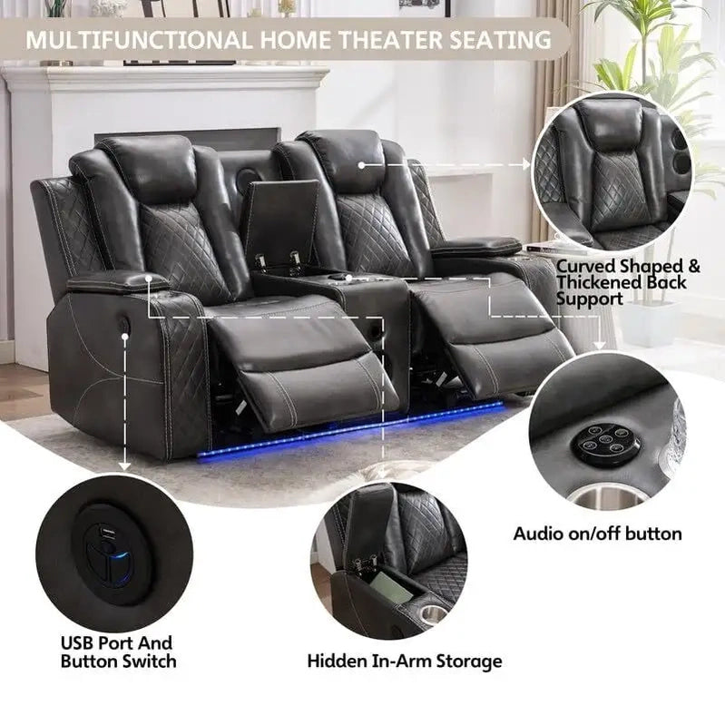Power Reclining Sofa With Wireless Charger, Reading Light For Living Room, Faux Leather LED Light, AC/USB Port, Cup Holder, Black