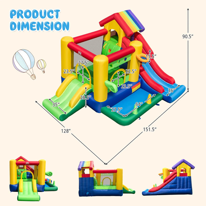 Costway Colorful Rainbow Kids Inflatable Bounce Castle With 50 Ocean Balls And 735W Blower