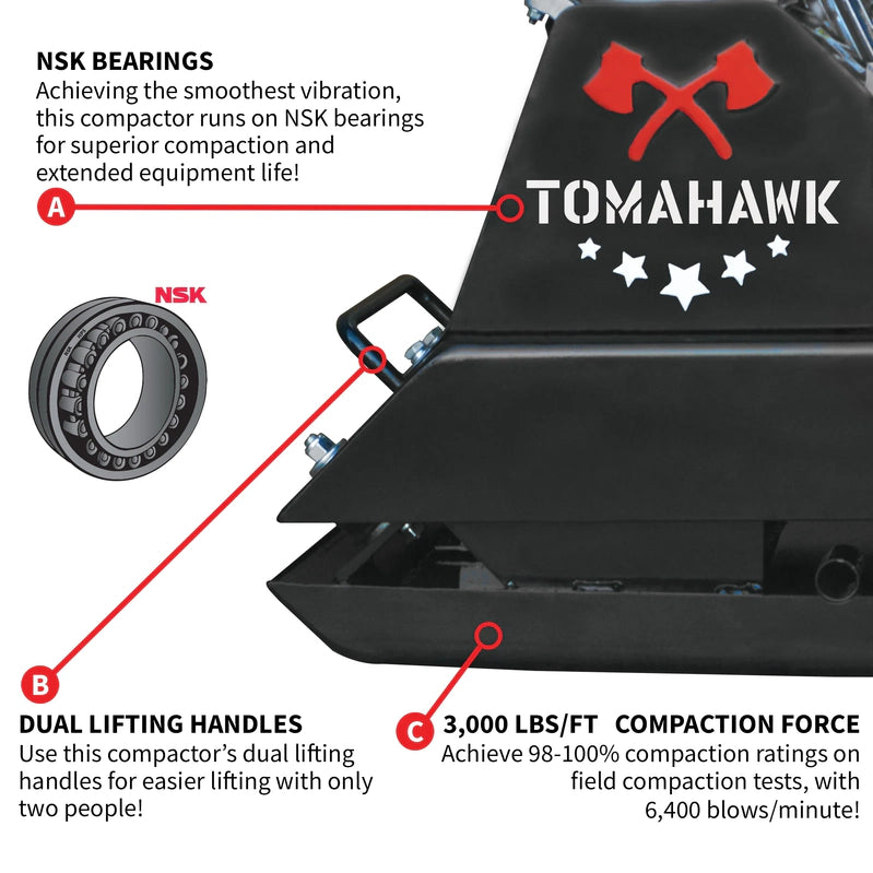 Tomahawk Power Plate Compactor 5.5 HP, 3000 Lbs/Ft, 63cc, Gas, 17 x 13 Plate Compactor, 5900 Vpm