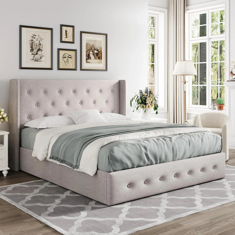 Allewie Queen Size Lift Up Storage Bed, Modern Wingback Headboard, Hydraulic Support, No Box Spring Needed, Light Beige