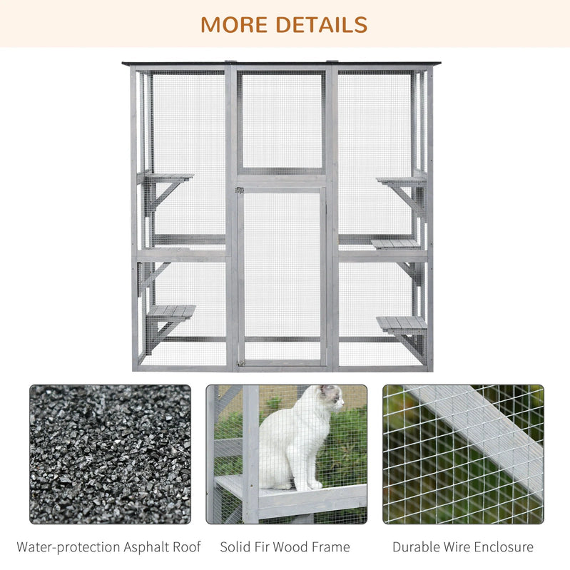 PawHut Wooden Catio Enclosure With Weather Protection, 6 Platforms, Outdoor, Large, 71 In. x 38.5 In. x 71 In