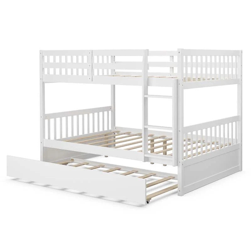 Solid Wood Full Over Full Bunk Bed Frame With Trundle, Safety Ladder And Guardrails, Convertible Bunk Bed For Kids Teens