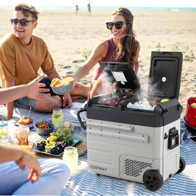 40-Quart Dual-Zone Car Refrigerator With Wheels, 12V/24V DC And 100-240V AC Portable Car Fridge Cooler Freezer