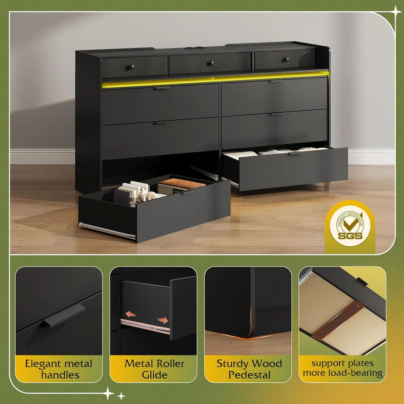 9 Drawer LED Dresser For Bedroom, 58.35 In. Wide Wood Dresser Storage Organizer With Power Outlets For 65 In. TV, Dressers With Open Shelves