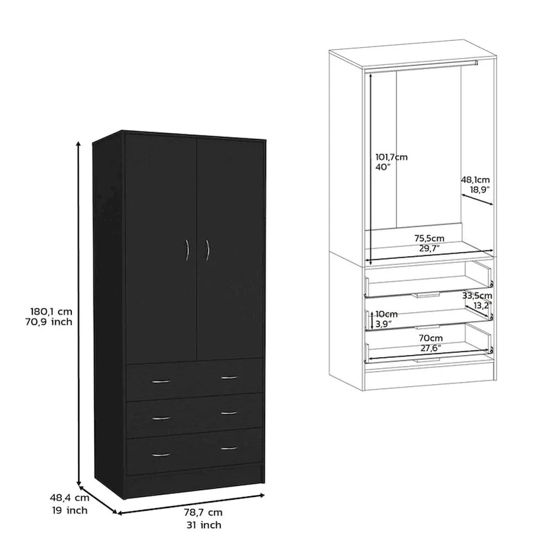 19 Modern Double-Door Armoire With 3 Drawers And 1 Hanging Rod For Bedroom