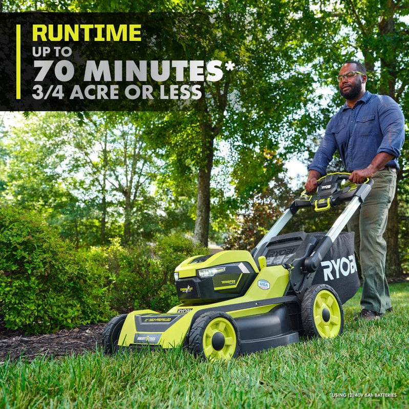 Ryobi 40V HP Brushless 21-in Self-Propelled Awd Lawn Mower, Whisper Series, Includes, 2 6.0Ah Batteries And Charger