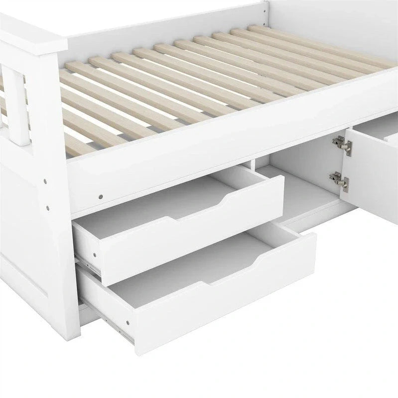 Twin/Full Size Captain Platform Bed With 4 Drawers And Storage Shelves, Solid Wood Bed Frame With Storage Bookcase Headboard