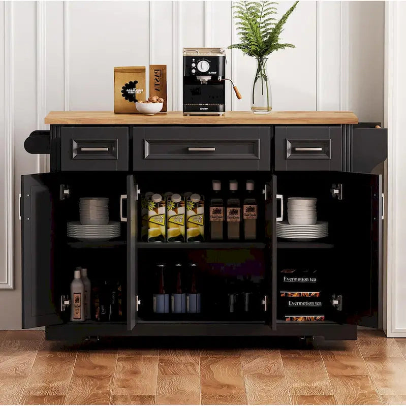 54 Large Kitchen Island With Rubber Wood Drop Leaf, Embossed Texture Rolling Kitchen Cart On 4 Wheels With 4 Doors And 3 Drawers