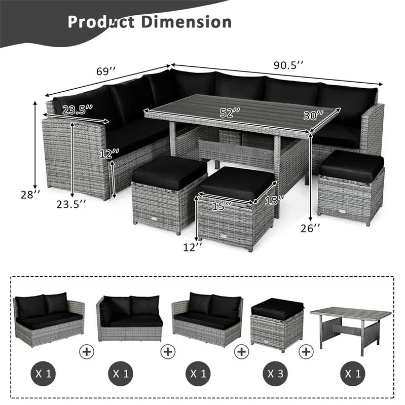 7 Pcs Rattan Patio Dining Furniture Sectional Sofa Set With Dining Table, Ottomans And Cushions