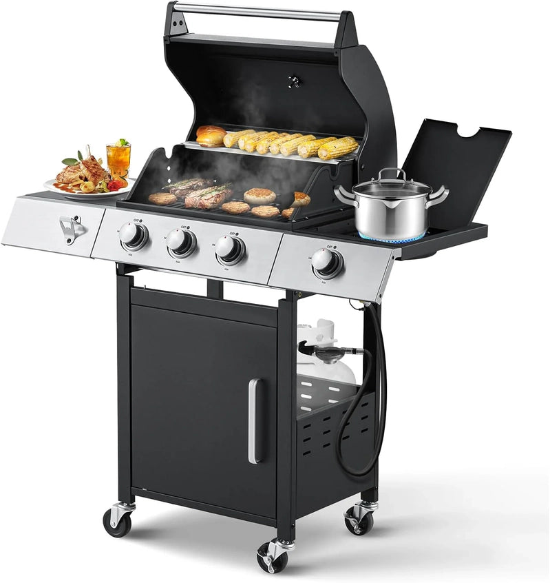 Upgraded 4 Burner Bbq Propane Gas Grill With Cast Iron Grates And Side Stove, 44,000 BTU Stainless Steel Burner Barbecue Grill For Patio