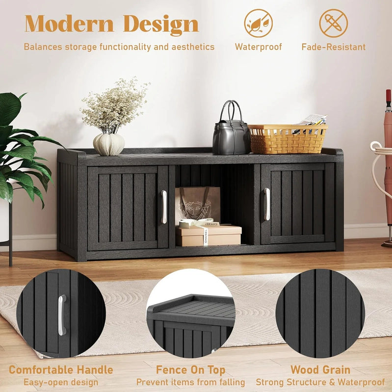 Kamaboko Outdoor Shoe Storage Cabinet, Waterproof UV-Resistant Entryway Storage Bench Indoor Outdoor With 2 Barn Doors