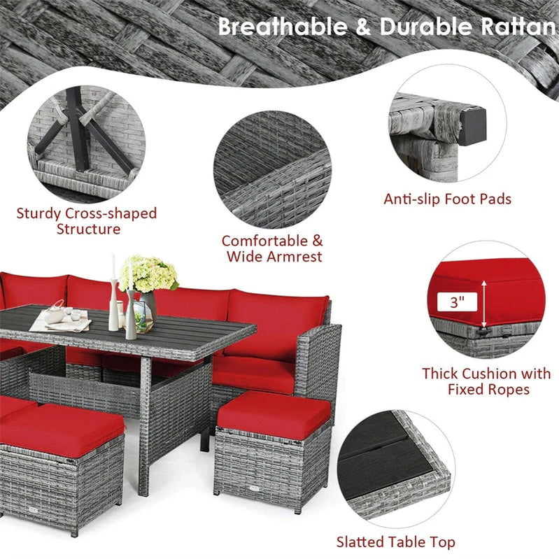 7 Pcs Rattan Patio Dining Furniture Sectional Sofa Set With Dining Table, Ottomans And Cushions