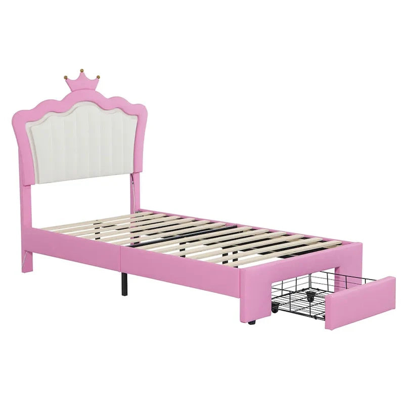 Twin Size Upholstered Bed Frame With LED Lights, Modern Upholstered Princess Bed With Crown Headboard, A Drawer, Pink Plus White