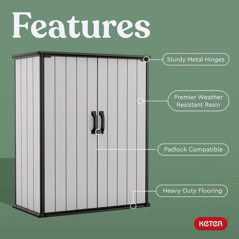 Keter Premier Tall Vertical Durable Resin Outdoor Storage Shed With Floor And Locking Double Doors, Grey