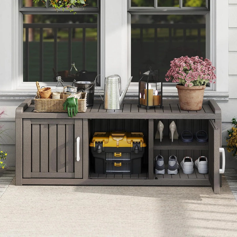 Kamaboko Outdoor Shoe Storage Cabinet, Waterproof UV-Resistant Entryway Storage Bench Indoor Outdoor With 2 Barn Doors