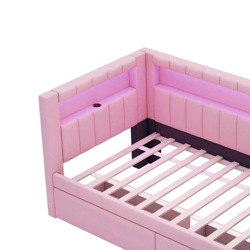 Upholstered Platform Bed With USB Ports And LED Lighting, Full/Twin Size Bed Frame With 2 Storage Drawers, Modern Bedroom