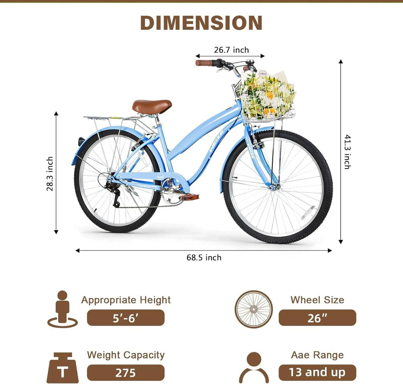 Weize Beach Cruiser Bike 26 In. Commuter Bicycle For Adult Men And Women 7-Speed/High-Carbon