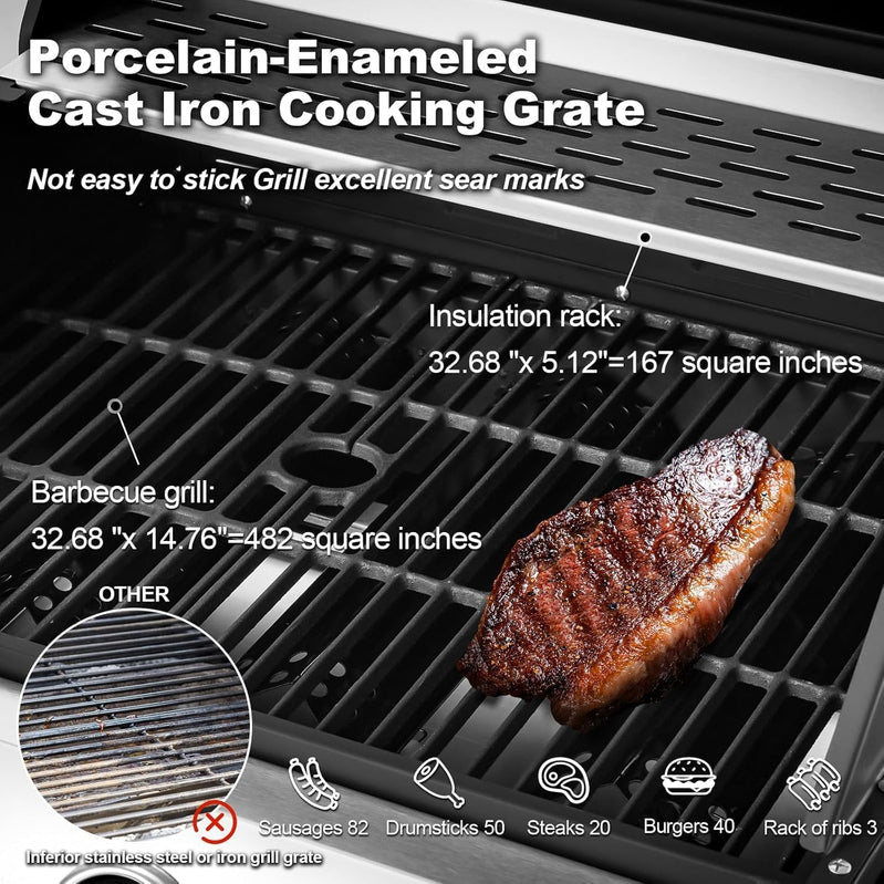 Upgraded 4 Burner Bbq Propane Gas Grill With Cast Iron Grates And Side Stove, 44,000 BTU Stainless Steel Burner Barbecue Grill For Patio