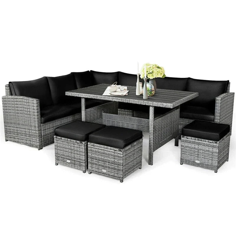 7 Pcs Rattan Patio Dining Furniture Sectional Sofa Set With Dining Table, Ottomans And Cushions