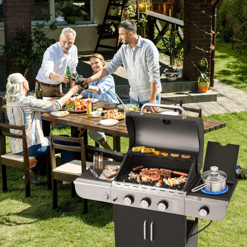 Upgraded 4 Burner Bbq Propane Gas Grill With Cast Iron Grates And Side Stove, 44,000 BTU Stainless Steel Burner Barbecue Grill For Patio