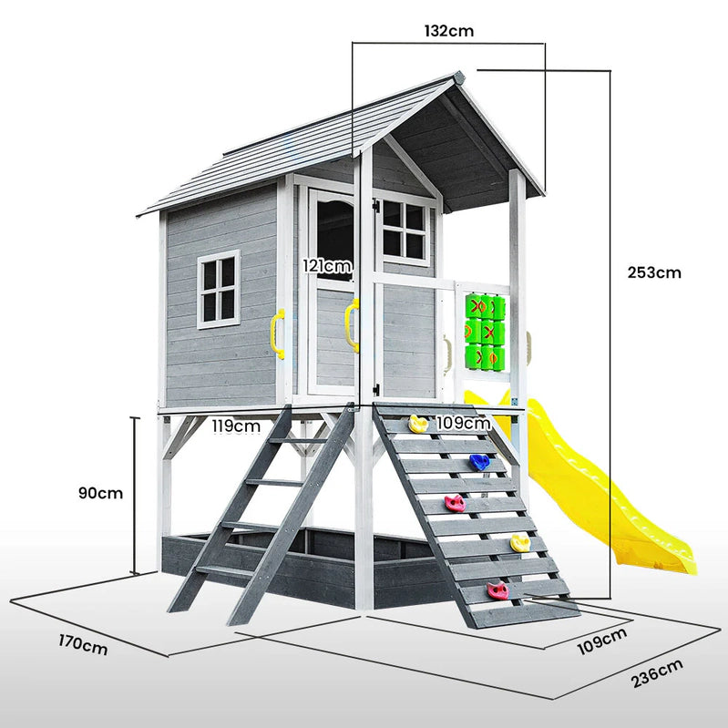 Rovo Kids Wooden Tower Cubby House With Slide, Sandpit, Climbing Wall, Noughts And Crosses