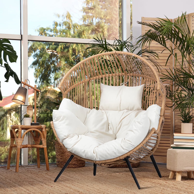 Walsunny Egg Chairs Outdoor Patio Wicker Oversized Egg Shell Lounger Lawn Chair With Cushion For Indoor Outside Porch Balcony Backyard